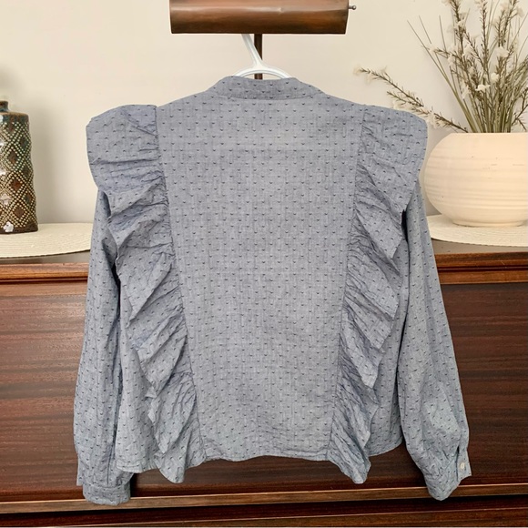 Chambray Patterned Ruffled Prairie Blouse, Size Large - Picture 8 of 12
